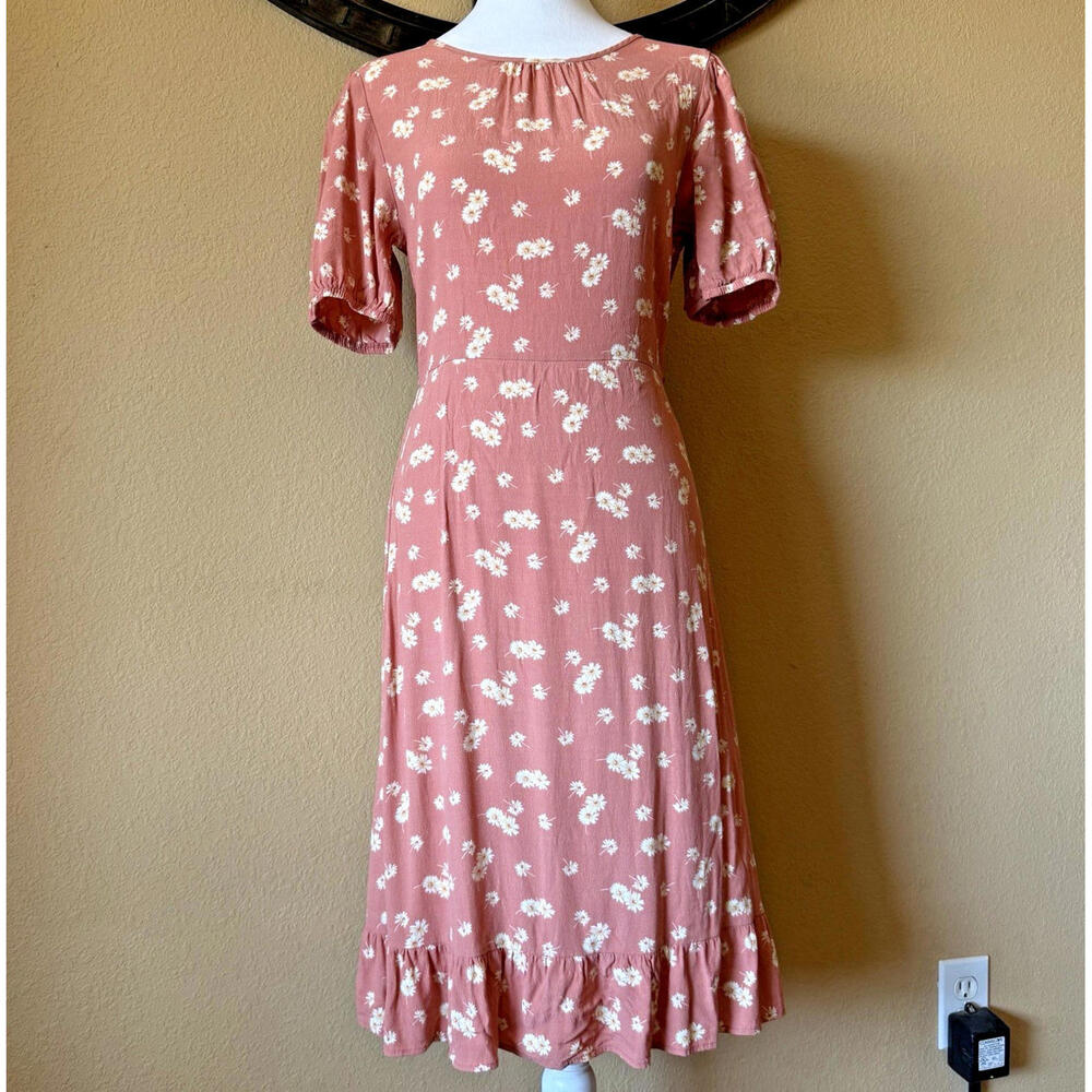 Bohme Cottagecore Short Sleeve Midi Dress Peach Floral Daisy Womens Small